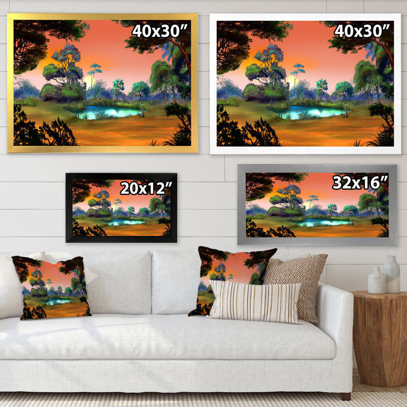 Petit étang sur une forêt, aube - Peinture sur toile, H 16 po x l 32 po, Toile blanche avec cadre d'angle fermé