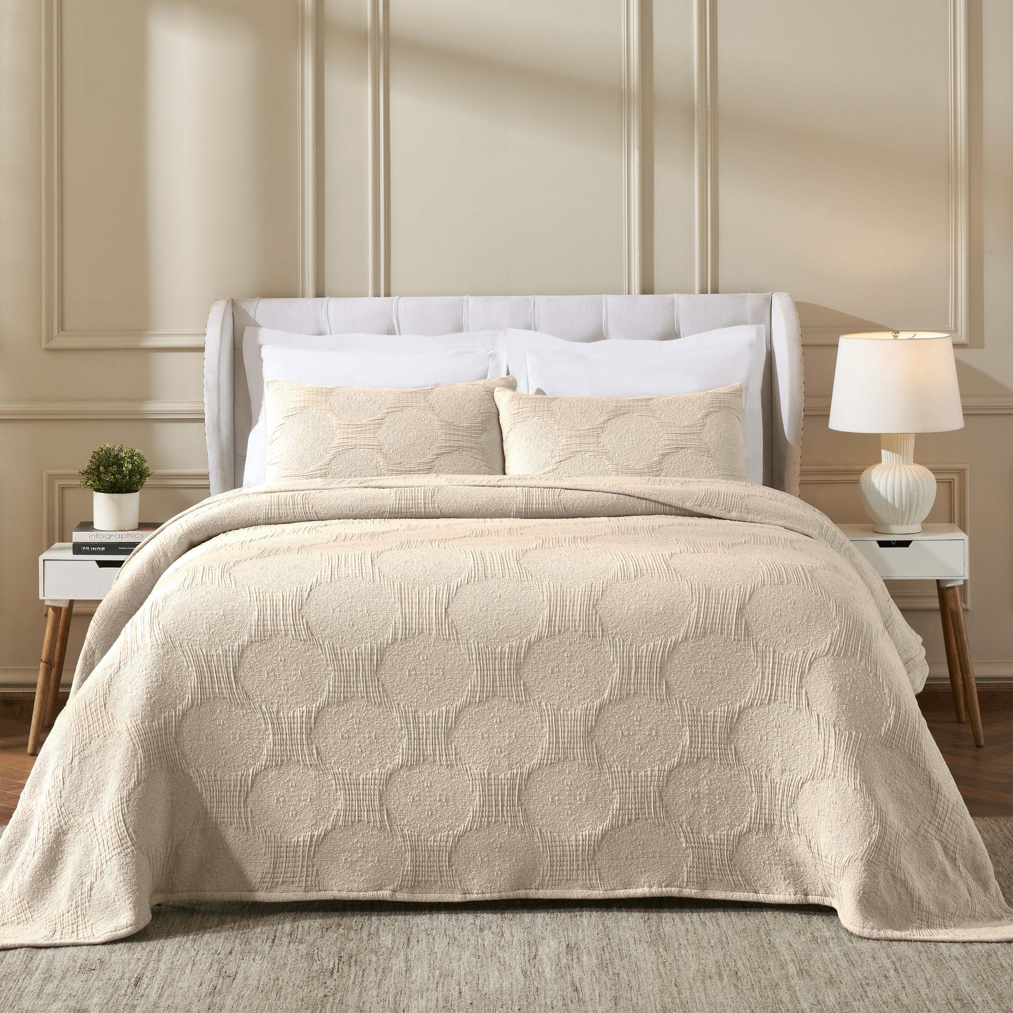 Tanta Cotton Medium Weight Textured Modern Circles Woven Coverlet, Queen Coverlet, Beige