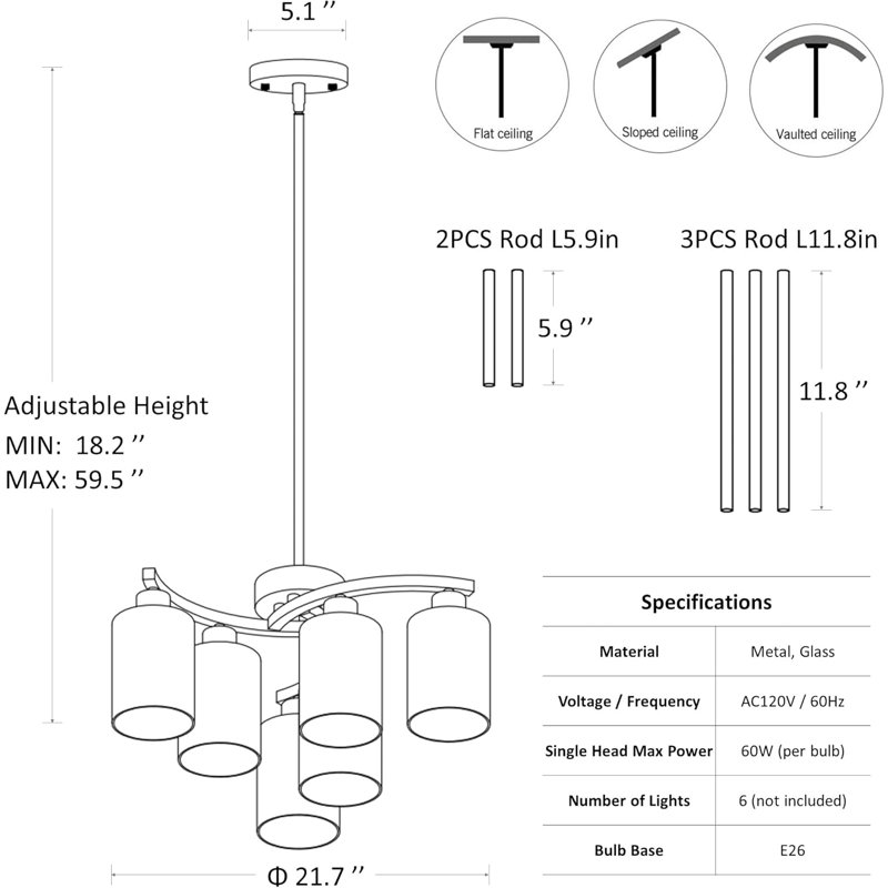 Adjustable Height Brushed Nickel Chandelier With Clear Glass Shade, Modern Industrial Pendant Lighting For Dining Room, Kitchen Island, And Bedroom