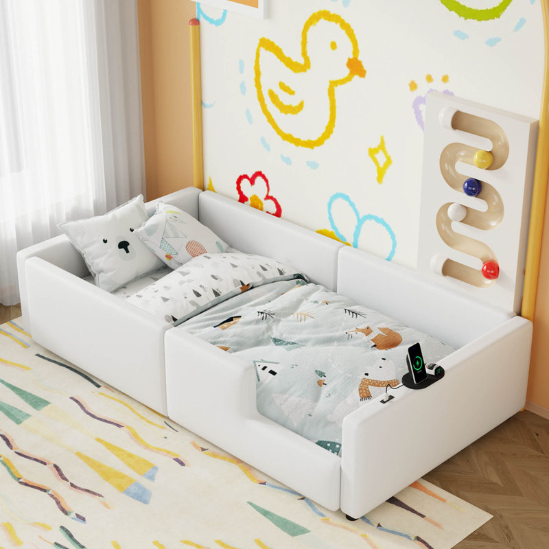 Upholstered Platform Bed With Guardrail And Charging Station, White