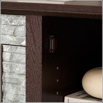 Meuble télé moderne de 147 cm (58 pouces) avec rangement à 2 portes, console multimédia en imitation pierre, finition cerisier pour salon.