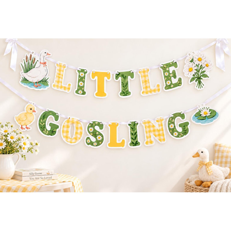 Little Gosling Baby Shower Banner, Goose Pond Garland, Yellow Gingham Daisy Decor