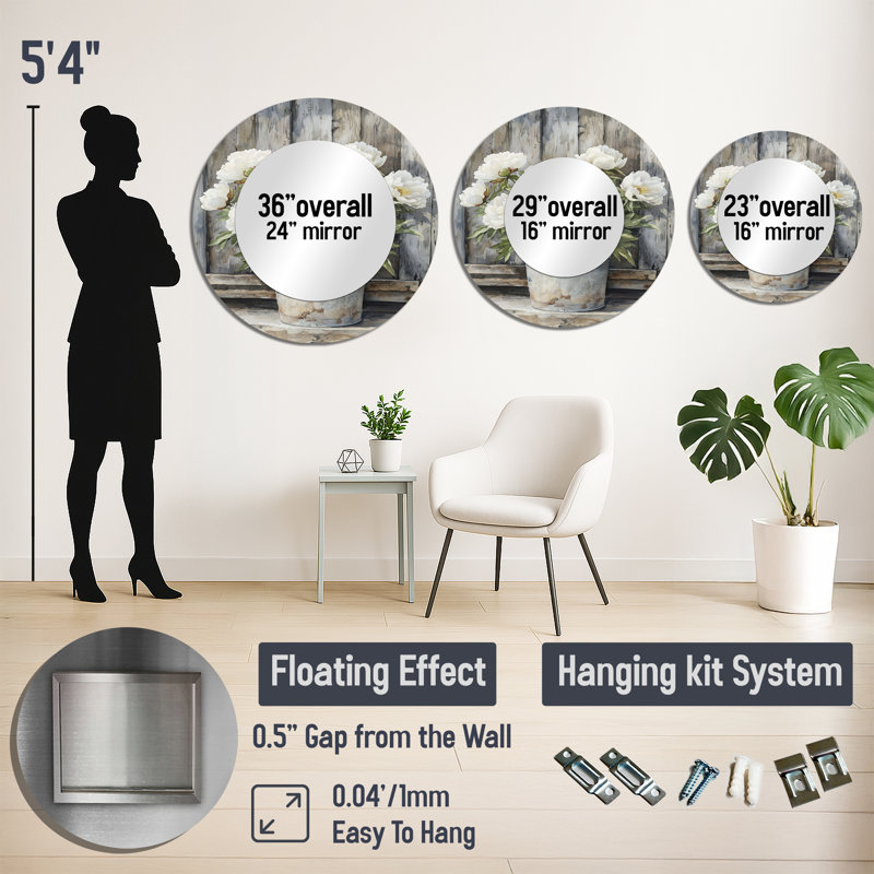 Pivoines en pot Barnyard Bloom - art mural miroir floral - imprimé sur métal, 36 po x 36 po