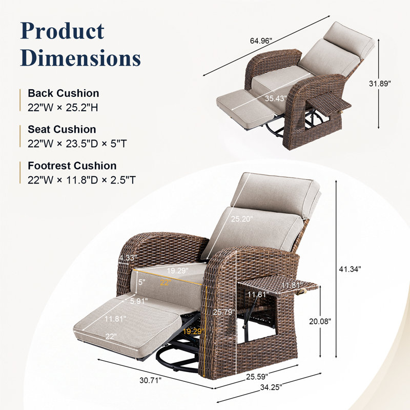  Chaise pivotante d'extérieur en osier avec dossier et repose-pieds réglables, rotation à 360 °, coussin épais et plateau latéral rabattable