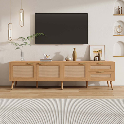 70Inch Modern TV Stand With Rattan Doors For Tvs Up To 80", Media Console With Storage Space, 2 Drawers & Cable Holes, Entertainment Center For Living Room