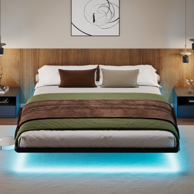 Cadre de lit flottant en métal avec lumières DEL, rangement sous le lit, aucun sommier nécessaire