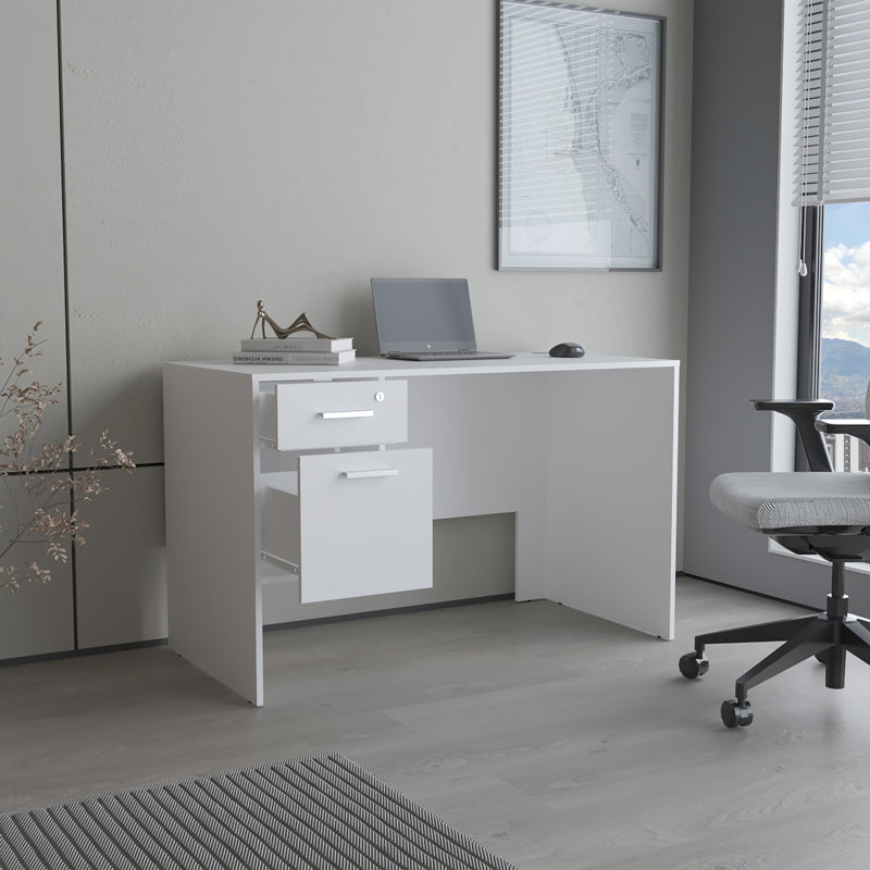 Mellier Modern Office Desk With Two Drawers And Side Storage, Compact Computer Workstation For Home Office Or Study Room
