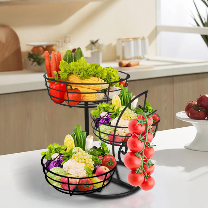 Panier de rangement pour fruits et légumes de cuisine avec porte-bananier, boîte de rangement amovible pour collation de pain, base en métal à trois niveaux