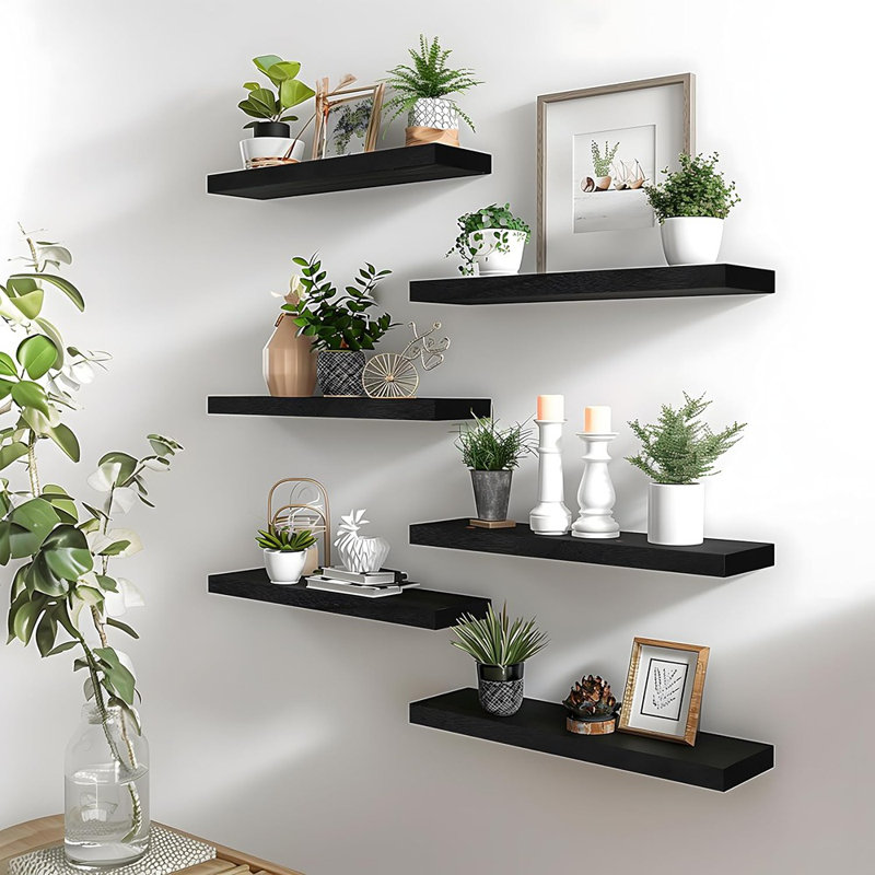 Black Wood Floating Shelves For Wall Rustic Wall Shelf For Bedroom Living Room Set Of 4
