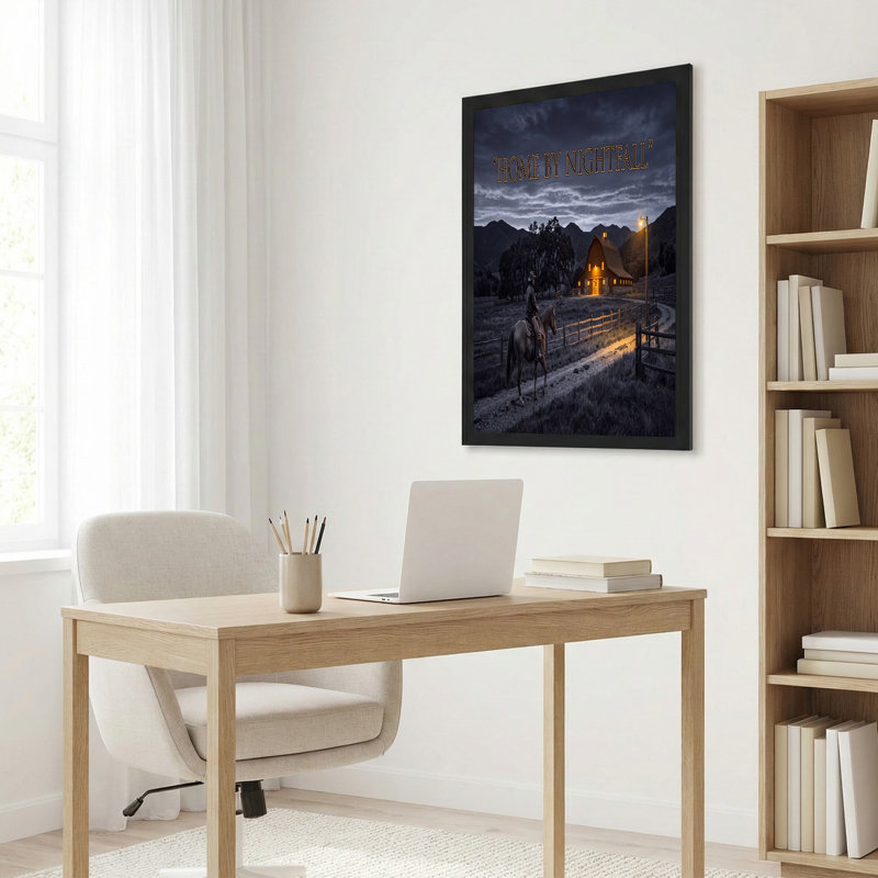 «Cowboy on Horse Appraching Lit Barn At Twilight», art mural sur toile, H 32 po x l 48 po