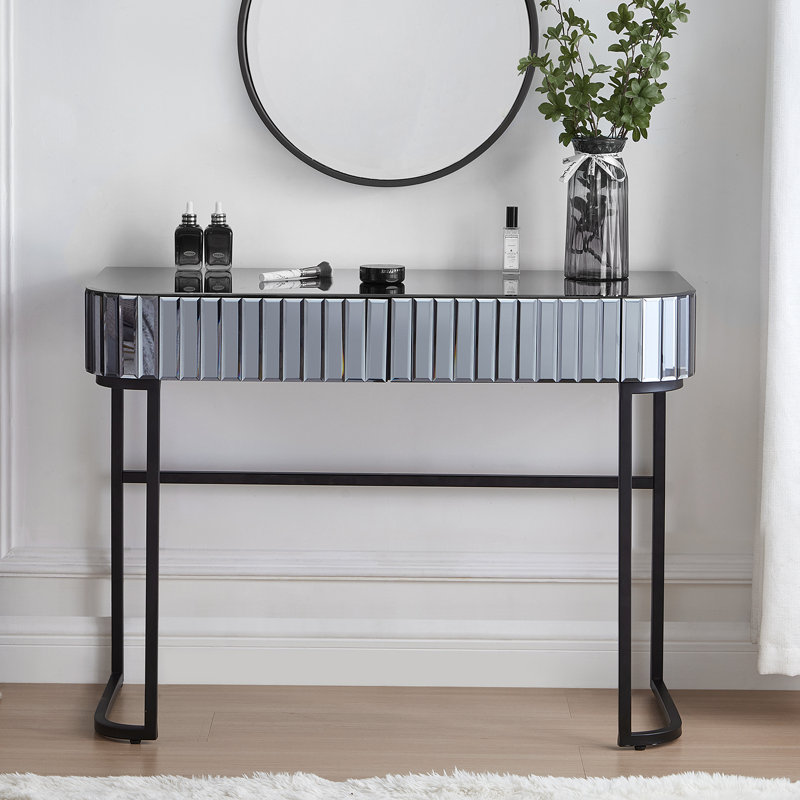 Coiffeuse à miroir 39 "avec base en acier inoxydable, 2 tiroirs, Gris