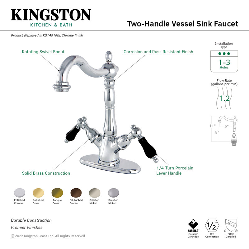 Kingston Brass Duchess Two-Handle 1-or-3 Hole Deck Mount Vessel Faucet, Chrome