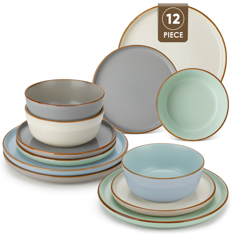 Reno 12 Piece Stoneware Dinnerware Set, Service For 4, Blue/Beige/Green
