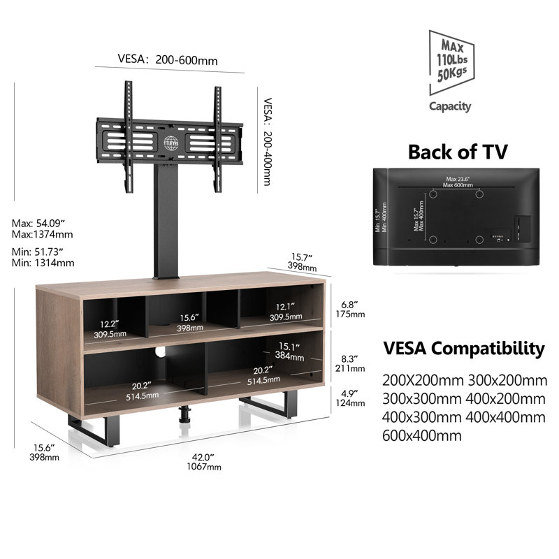Charlotin Swivel for 32-65 inch LED Screens with Shelving, Holds up to 110 lbs, Black/Oak