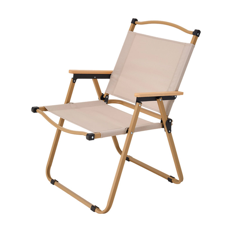 Portable Outdoor Lawn Chair with Wood Armrest & Metal Frame, Khaki Cushion/Gold Frame