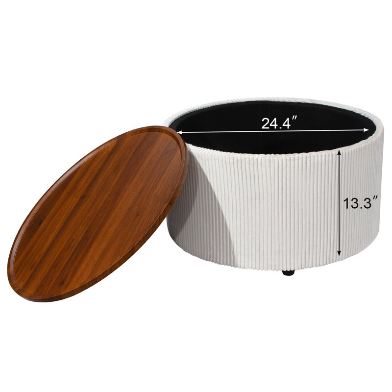 Repose-pieds de rangement rond 28 po avec couvercle en bois, Cream