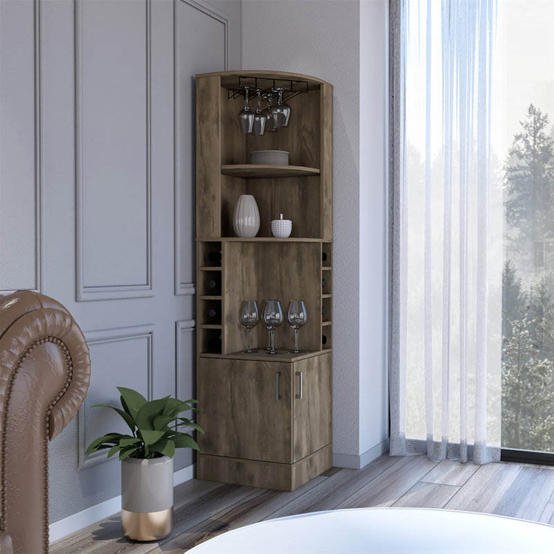 Stylish Corner Bar Cabinet with Ample Storage and Display Space for Your Beverage Collection and Barware., Brown