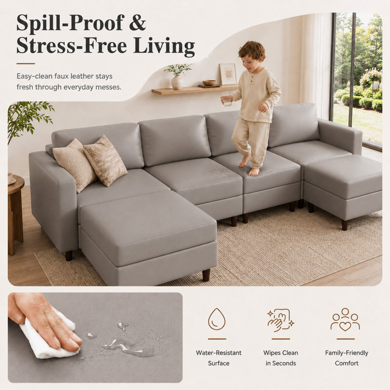 Canapé d'angle moderne réversible 4 pièces en forme de L, 232 cm (91,5 po), avec siège de rangement - Similicuir gris clair