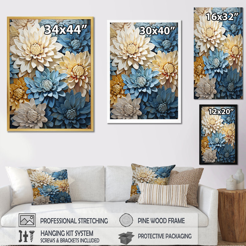«Garden Bliss Mums» en blanc et bleu III sur toile, Cadre simple blanc, H 32 po x l 16 po x P 1 po
