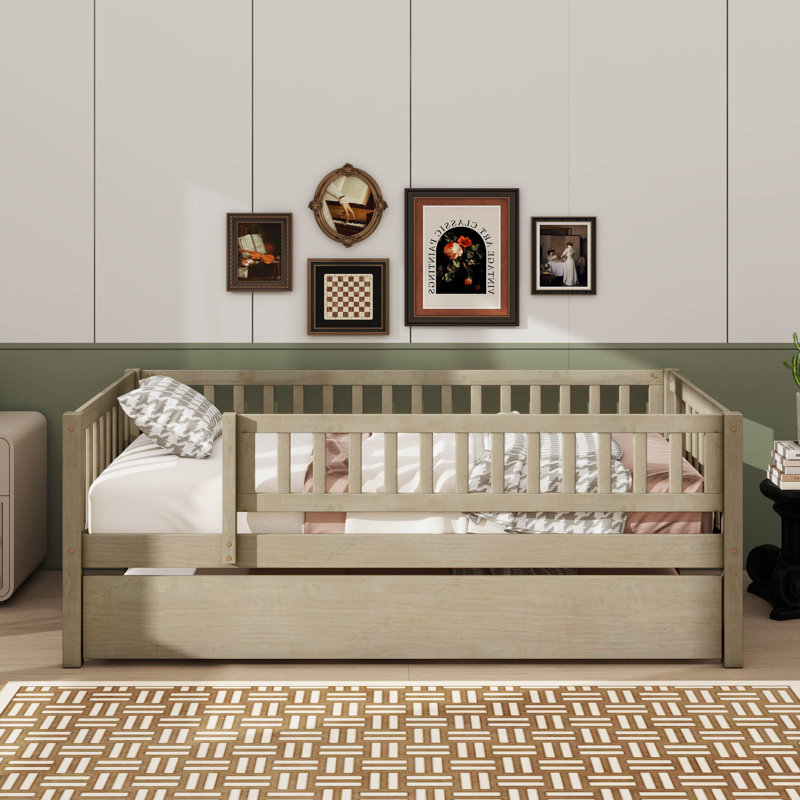 Rustic Wooden Daybed With Underbed Trundle And Protective Fence-Style Guardrails, Natural