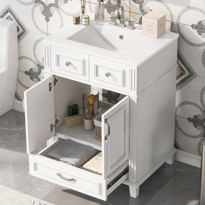 Meuble-lavabo de 30 po avec lavabo en céramique, armoire de rangement en bois massif avec portes à fermeture douce, style rétro, bleu