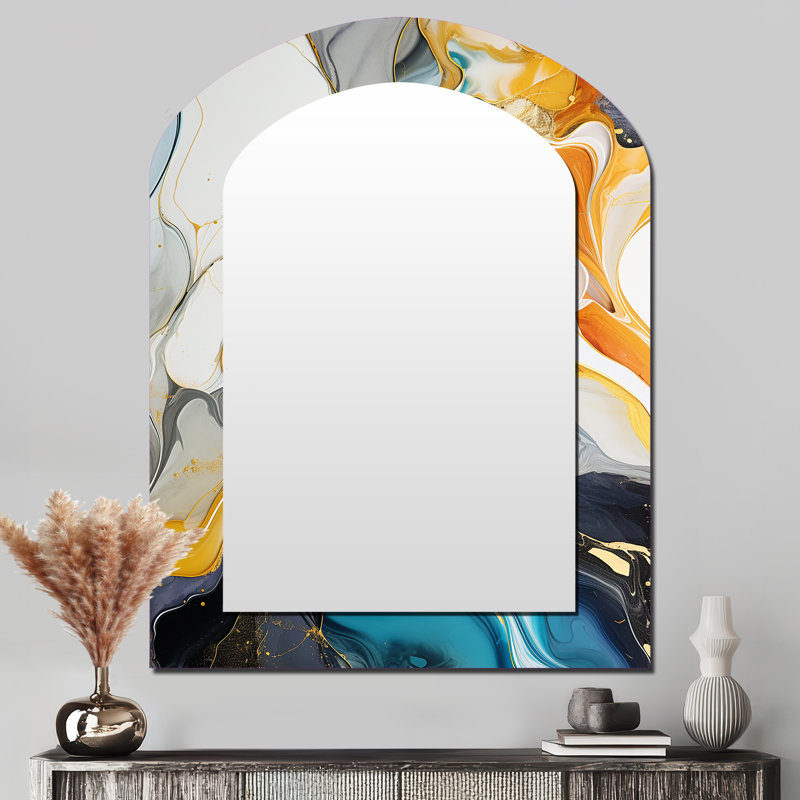 Blue and yellow Liquid Ink Abstraction harmony I - Liquid Ink Unique Shape Unique Mirror, Blue Freeform Large Wall Mirror, Printed Metal Art