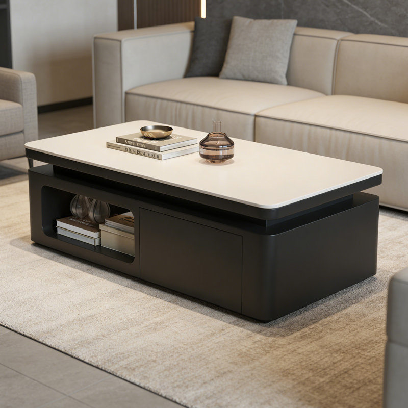 Table basse moderne et multifonctionnelle avec rangement, H 16,53 po x L 47,24 po x l 23,62 po, Blanc, Noir