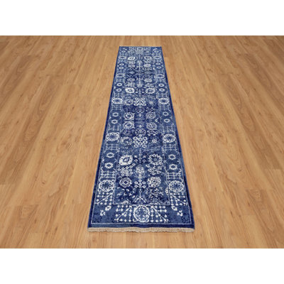 2'7"x10' Nova Blue Tebraz Leaf Motif Hand Knotted Wool & Silk Runner Rug F998FBF353964F58930DB8DF6638502D
