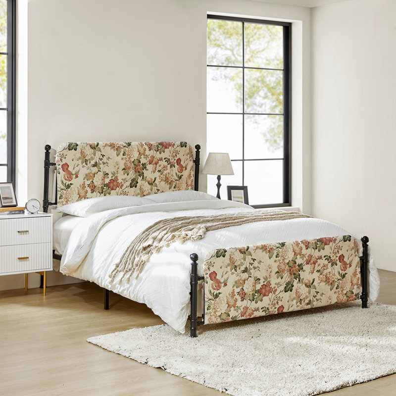 Carlyon 62" W Metal Four Poster Bed with Washable Slipcover and Adjustable Headboard, Blush