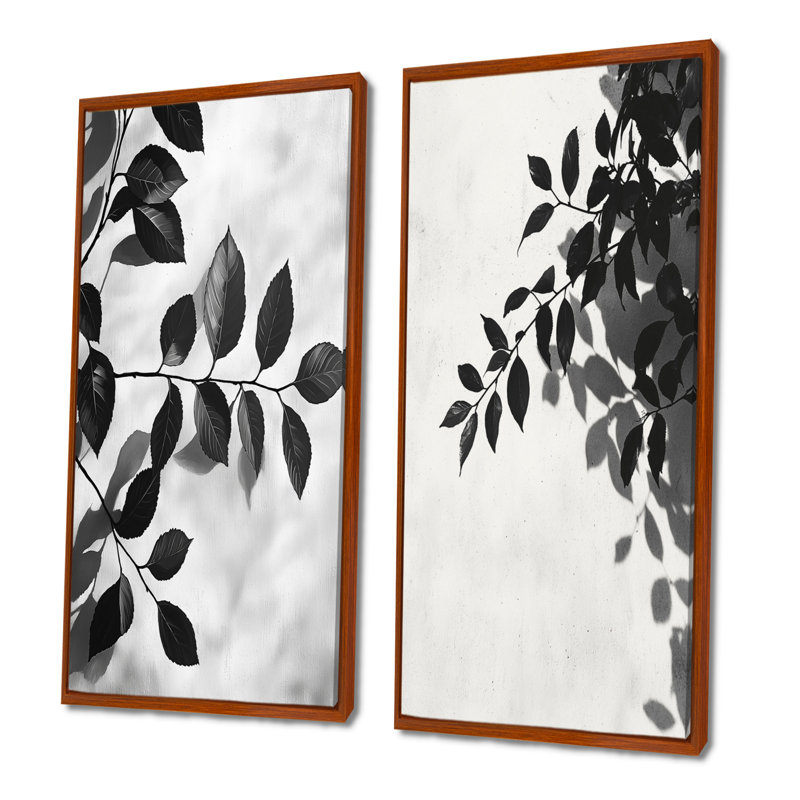 Feuilles noires, ombre silhouette I - art mural floral, collection 2 panneaux, H 32 po x l 33 po, Cadre flottant brun