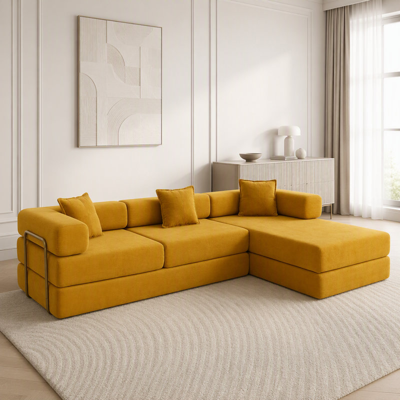 Canapé modulaire en velours côtelé modulaire avec méridienne en L, sans assemblage, Yellow