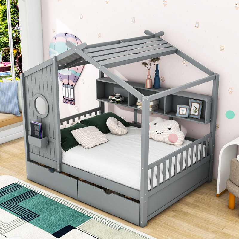Letha Two Drawers Wood Daybed with Storage Shelves, Gray, Full / Double