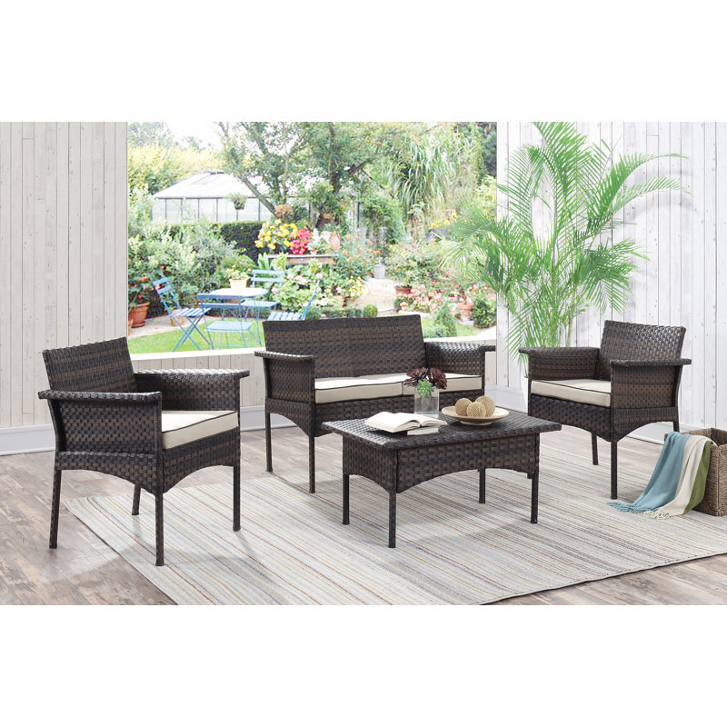 Ensemble de conversation avec canapé en rotin et coussins 4 pièces Inge, Beige