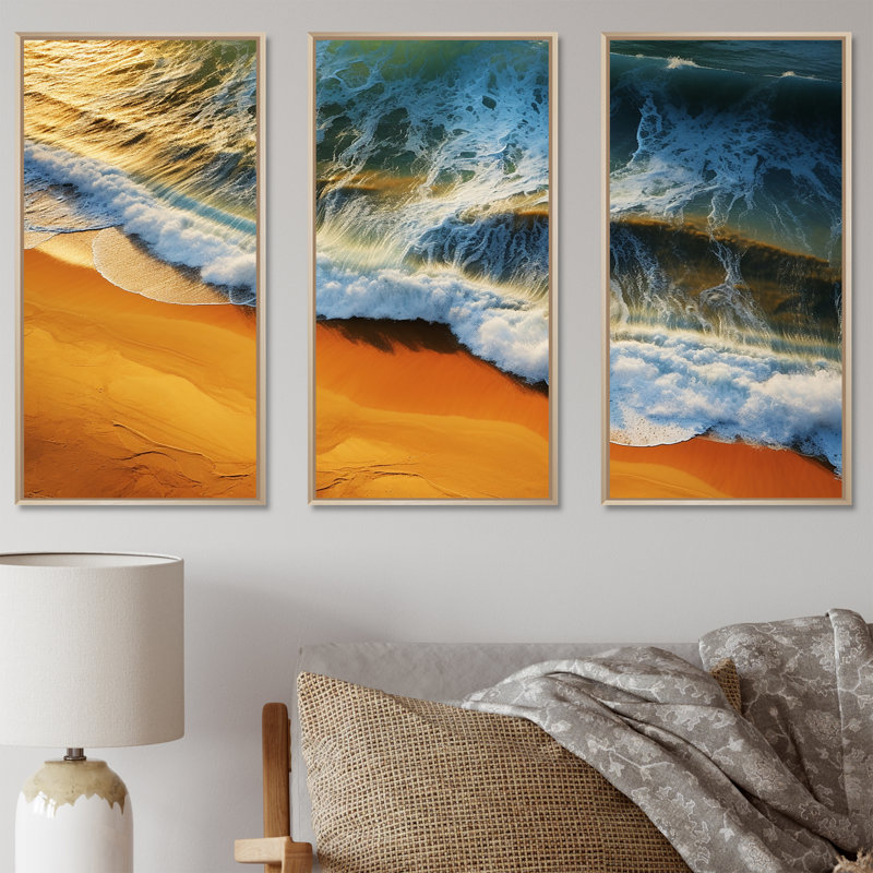 Vue aérienne de la plage bleue et orange IV - art mural plage, Cadre flottant brun, H 40 po x l 61 po x P 1 po