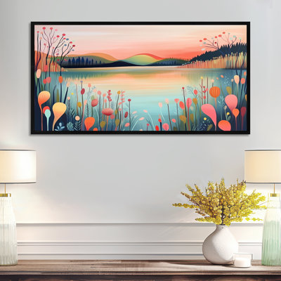 Rose, bleu, rose, été, brise de lac, simplicité - décoration murale sereine, impressions encadrées dans la nature