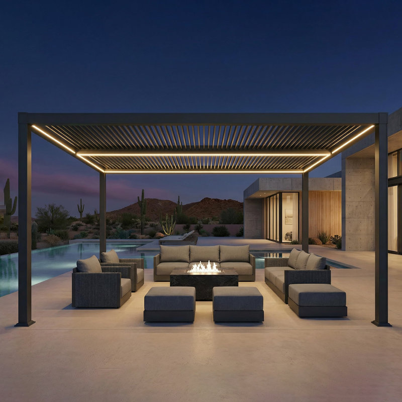 PURPLE LEAF 13' x 15' Louvered Pergola with LED Strip Lights and Control Panel for Patio Deck Garden Yard Gray