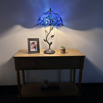 Meryem Tiffany Table Lamp Blue Stained Glass Baroque Style LED Bulbs Included 14"W*14"D*24"H