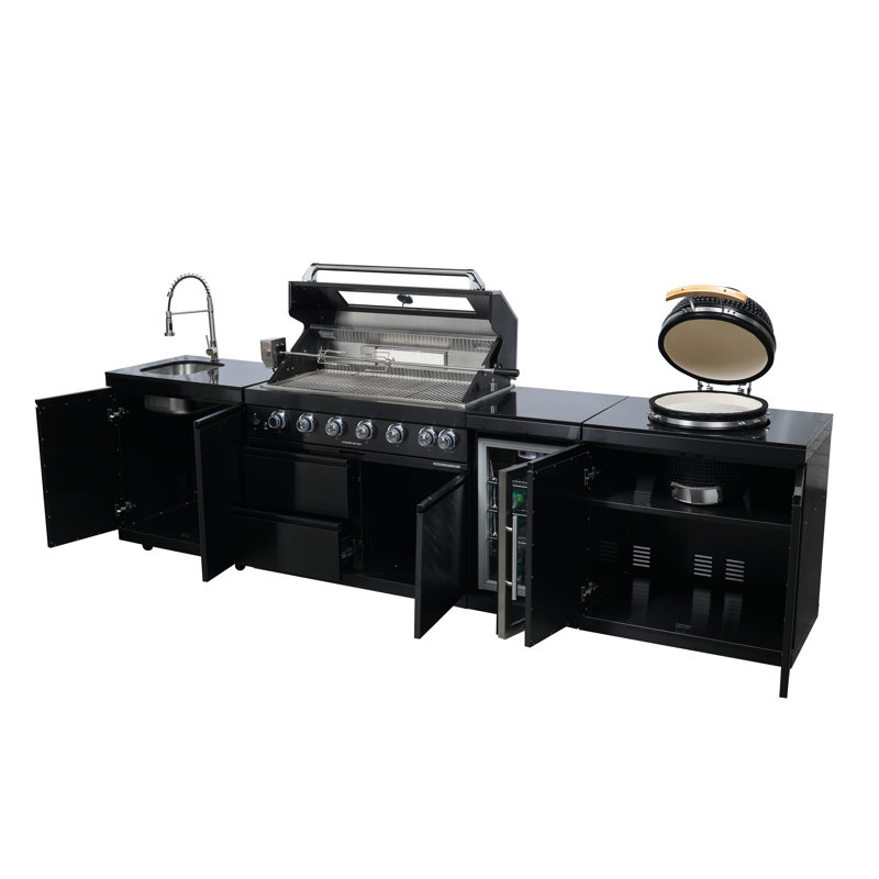 Îlot de cuisine avec barbecue au gaz propane à 6 brûleurs de 128 po de large, rôtissoire, gril Kamado, réfrigérateur et évier extérieur