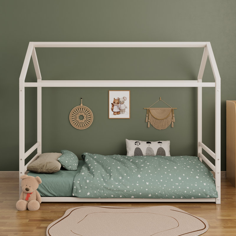 Structure de lit en métal d'inspiration Montessori, forme de maison délicieuse avec garde-corps pour enfants et tout-petits, assemblage rapide