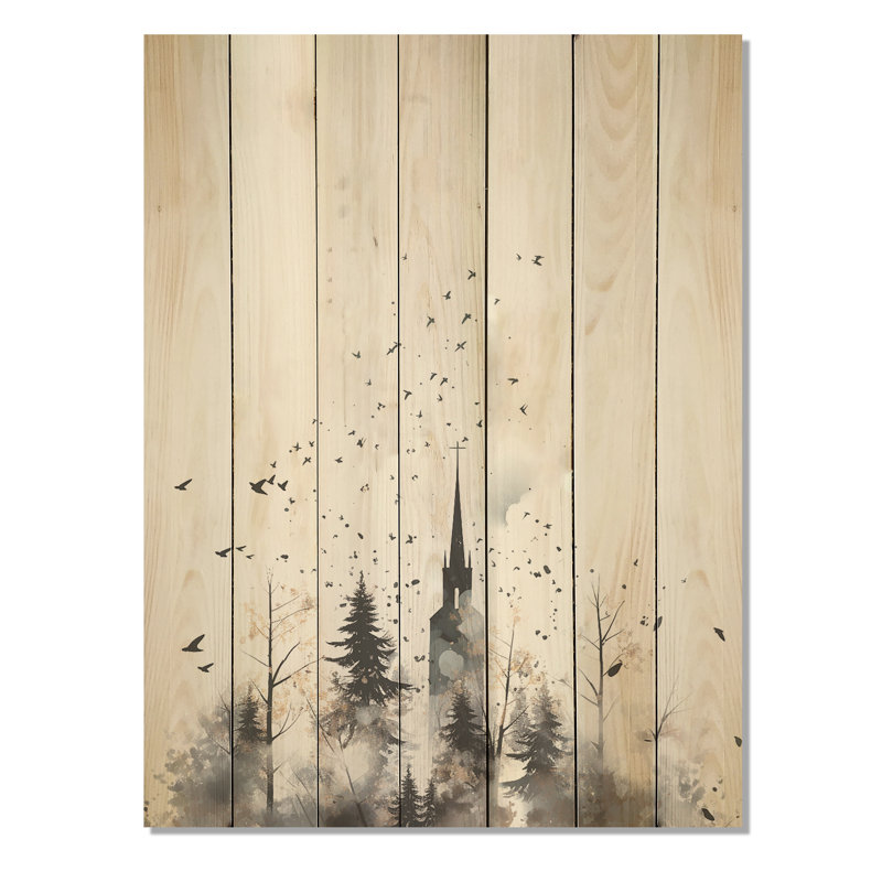 «Minimalist Grey Church Landscape - Church On Wood Print», H 32 po x l 24 po