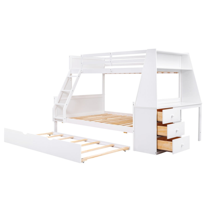Lit superposé avec lit gigogne et bureau intégré, Blanc