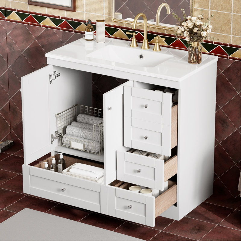 Armoire de salle de bain sur pieds 36 po avec lavabo en céramique, 4 tiroirs à fermeture en douceur et 2 portes à fermeture en douceur Shaker