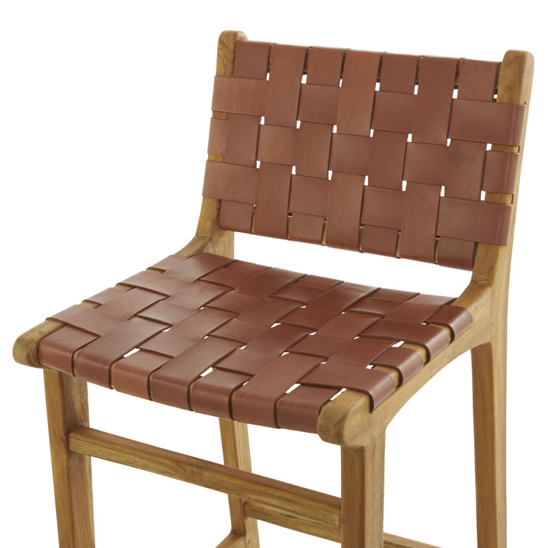 Tabouret de bar en cuir de teck avec repose-pieds Markus, Brun