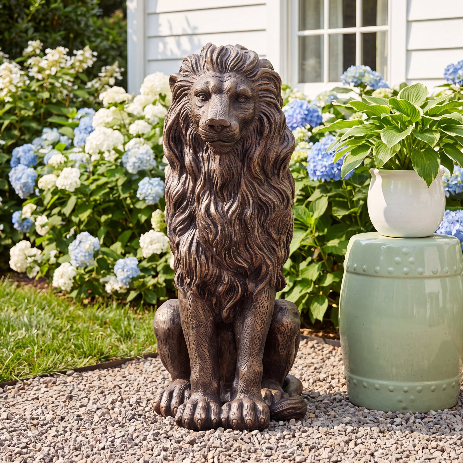 Irizarry Weather Resistant MGO Lion Garden Statue, 27.75" H x 16.25" W x 11.5" D, 1, Bronze