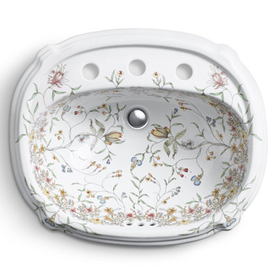 English Trellis Ceramic Oval Drop-In Bathroom Sink with Overflow