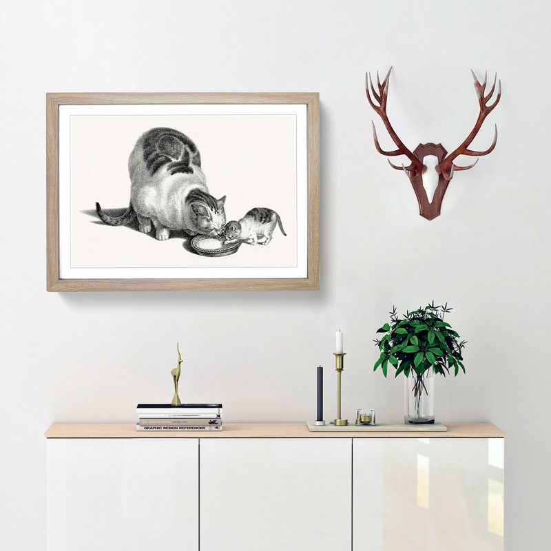 Cat & Kitten Drinking by Gottfried Mind - Framed Print, 36cm H x 48cm W x 2cm D, Oak Framed