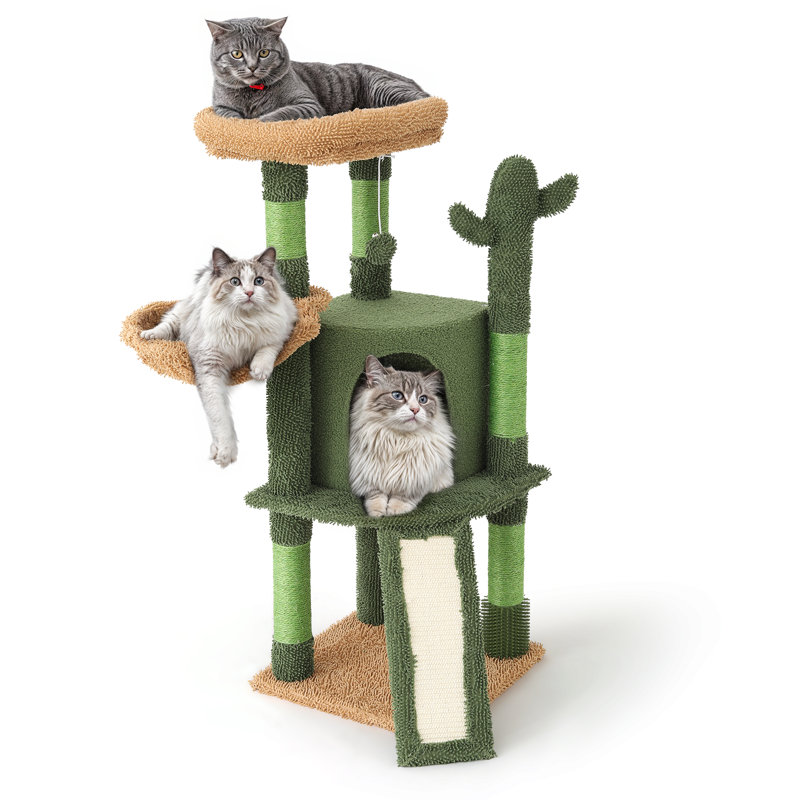 42" Cactus Cat Tree Condo, Multi-Level Tower with Scratching Posts, Perch, Ramp and Hammock for Cats