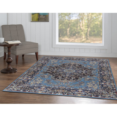 Tapis bleu et bleu marine tissé à plat avec envers antidérapant Emanuel