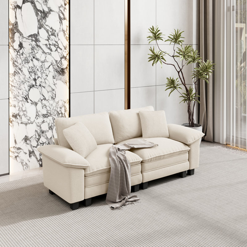 Canapé de salon surdimensionné de 88 po à assise profonde, canapé en chenille avec coussins décoratifs, 2, Chenille ivoire