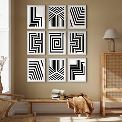 Framed Wall Art Collage Print Gallery Set, Geometric Maze Line Art Abstract Shapes Digital Art Modern Art Dramatic Dark Black and White for Bedroom, Living Room, Office - 11"x14"x 9 White